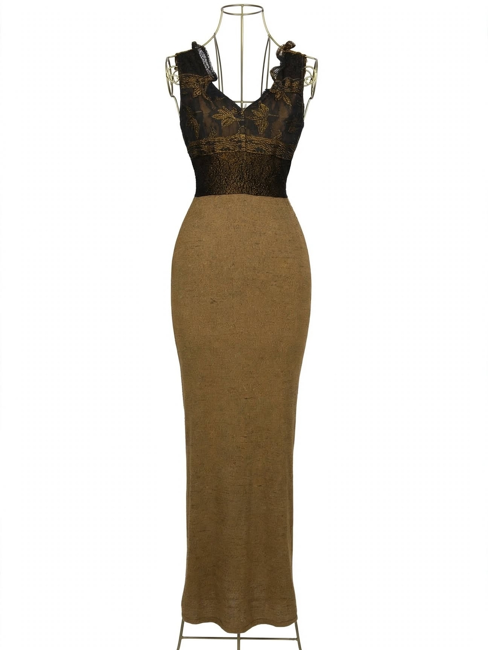 Elegant Black Lace Bodice Brown Maxi Dress by